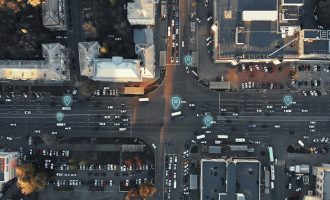 Aerial City Intersection with Cars